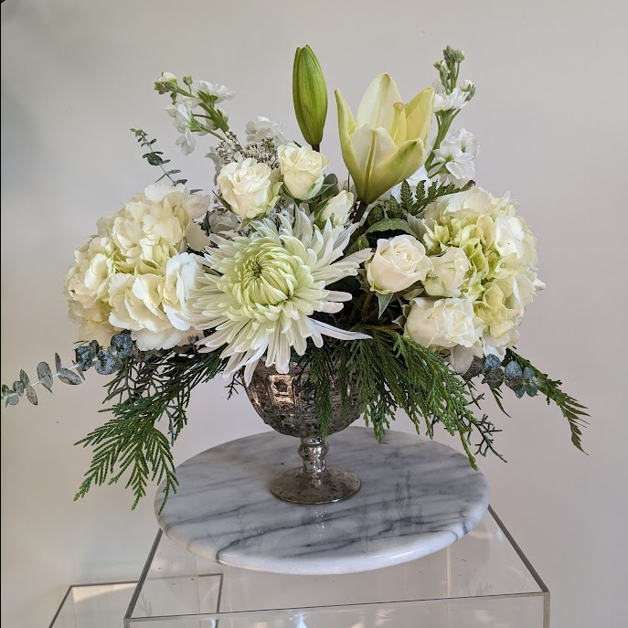 Elegant White Floral Arrangement in Mirrored Compote | Sympathy & Holiday Collection | Charlotte, NC